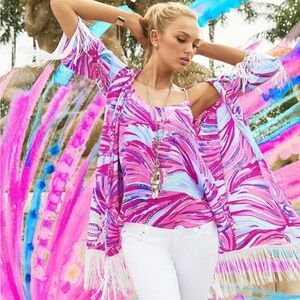 Lilly Pulitzer NWT Noelle kimono pink robe XXS XS coverup fringe top pink silk